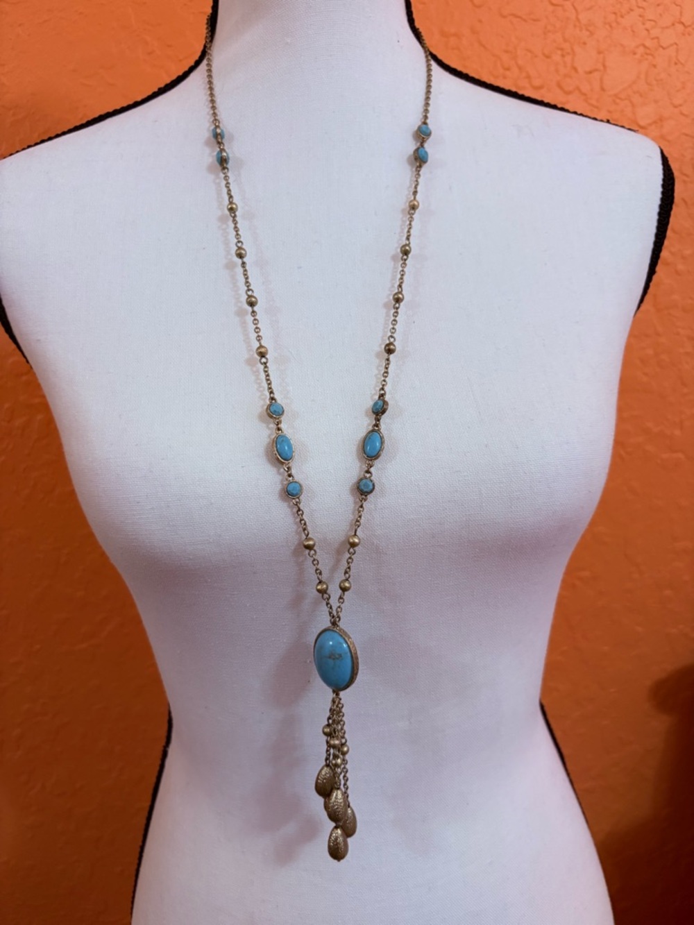 Lia Sophia Gold-Tone Necklace with Turquoise Beads and Tassel